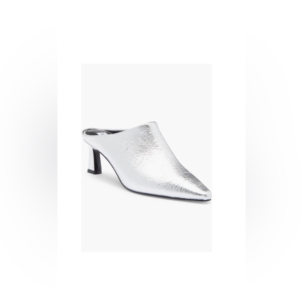 New Steve Madden Nanette pointed toe heeled mules, silver sz 8.5, Orig $109